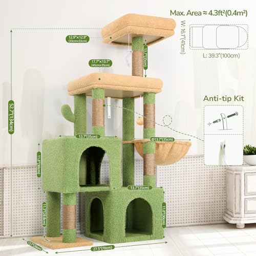 Globlazer Cactus Cat Tree Condo Tower for Indoor Cats, 52in Multi-Level Cat Scratching Tree with 2 Cat Condos, 5 Sisal Scratching Posts, 2 Padded Perches, Sturdy Basket, Widened Base, S52, Green - color: Cactus Green