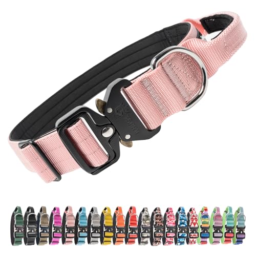 TSPRO Premium Dog Collars Tactical Dog Collar with Handle and Heavy Duty Quick-Release Metal Buckle Durable Thick and Adjustable for Medium to Large Dogs (Pink L) - color: Basic Pink, size: Handle-Equipped L (17.5"-24.5" Adjustable)