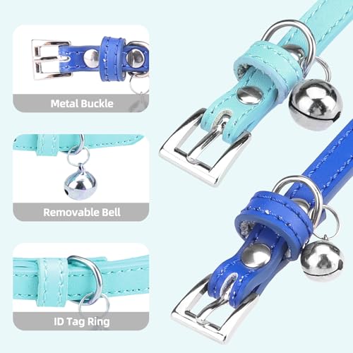 PUPTECK 2 PCS Soft Genuine Leather Cat Kitten Collar with Bells Adjustable for Girl Boy Cats Puppy - Pale Turquoise, Navy Blue - color: Pale Turquoise&Navy Blue
