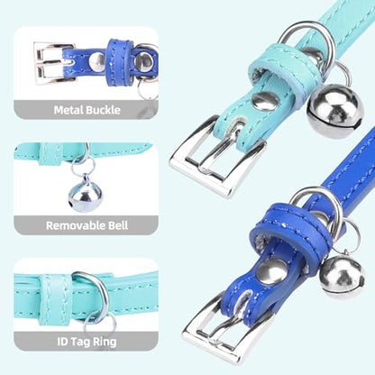 PUPTECK 2 PCS Soft Genuine Leather Cat Kitten Collar with Bells Adjustable for Girl Boy Cats Puppy - Pale Turquoise, Navy Blue - color: Pale Turquoise&Navy Blue