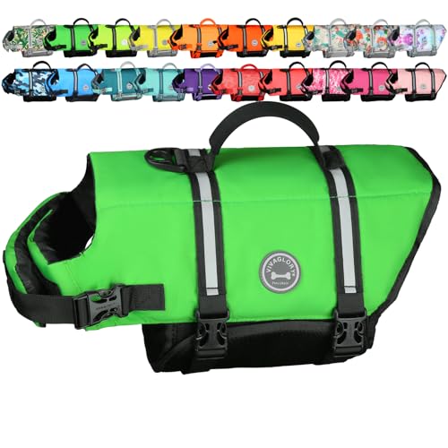 VIVAGLORY Rip Stop Dog Life Vest, Swimming Vest with Handle, Buoyancy for Doggy Puppy, Dog Life Jacket for Swimming & Boating, XL, Bright Green - color: Bright Green, size: XL: 31-38 inch (Ribcage Girth)