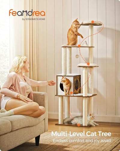 Feandrea Cat Tree, 64.6-Inch Modern Cat Tower, Multi-Level Condo with 5 Scratching Posts, Perch, Washable Removable Cushions, Cave, Rustic Brown UPCT166X01 - color: Rustic Brown