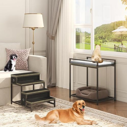 Saudism Pet Bunk Bed with Removable Stairs and 2 Drawers, Dogs/Cats Window Perch, Dog Window Seat with Soft Cushion, Ultra-Shallow Steps, Sturdy Metal Frame, Non-Slip, Load Capacity 60 LBS - color: Grey