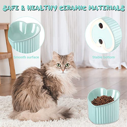 Mumufy 2 Pcs Ceramic Elevated Cat Bowls Tilted Elevated Raised Pet Bowls Anti Vomit Cat Dish for Indoor Stress Free Water Dish Feeder for Puppies, Heart Shaped(Macaron Blue, Pink) - color: Macaron Blue, Pink