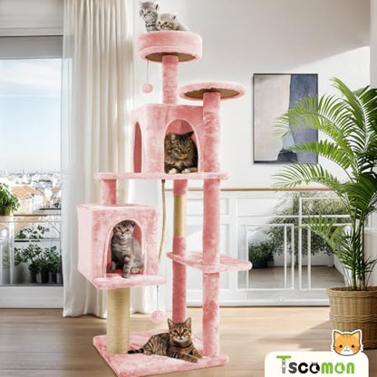 58.5inch Large Cat Tree Tower Condo for Indoor Cats, Soft Plush Multi-Level Climbing Tree Cat House with 1 360° Rotating Cat Cave, Scratching Post, More Entrance/Exit, Sisal Rope, Pink - color: Pink