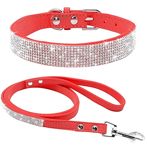 Rhinestone Bling Leather Dog Collar and Leash Set, Cute Dazzling Sparkling Soft Velvet Dog Cat Collar Crystal Diamond Puppy Collar (XS, Red1) - color: Red1, size: XS