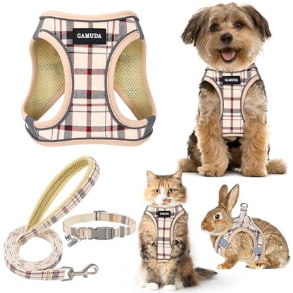 Small Dog Harness Collar and Leash Set, Step in No Chock No Pull Soft Mesh Adjustable Dog Vest Harnesses Plaid Reflective for Dogs Puppy Cats Kitten Rabbit (Beige Red, XXXS) - color: Beige Red, size: XXXS