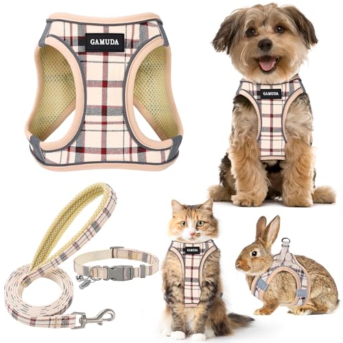 Small Dog Harness Collar and Leash Set, Step in No Chock No Pull Soft Mesh Adjustable Dog Vest Harnesses Plaid Reflective for Dogs Puppy Cats Kitten Rabbit (Beige, XXS) - color: Beige Red, size: XXS