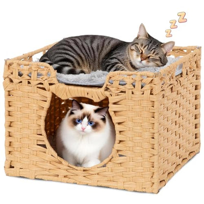 Handwoven Rattan Cat Cave w/Two Cushions, Cat Beds Indoor Kitten House, Wateproof & Foldable Pet Cube Bed, Natural Color, 16.5”L x 16.5”W x 12.6”H - color: Natural