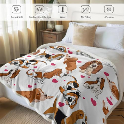 BlessLiving Basset Hound Blanket Queen Size 90x90 Inches - 3D Red Hearts Dog Print Plush & Sherpa Throw, Ultra Soft Cozy Fleece Blanket for Adults, Kids, Pet Lovers, Cute Puppy Gift - color: Basset Hound, size: Queen, 90 x 90 Inches