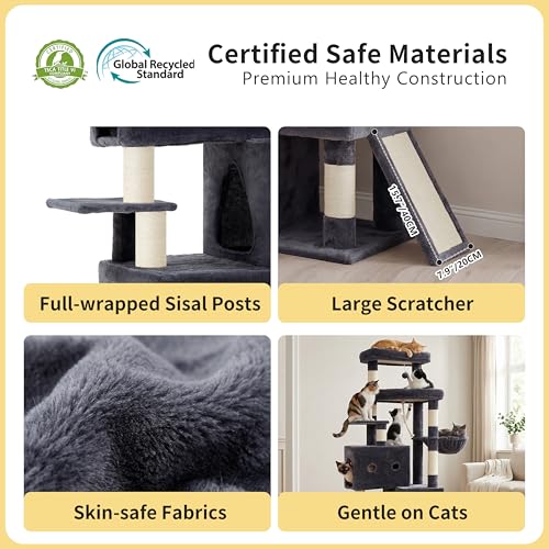 Heybly Cat Tree, 74-Inch Streamlined Cat Tower for Large Cats with 3-Tier Stacked Condos, Cat Furniture with Large Perch, Sturdy Base, Full Sisal Scratching Posts & Ramp, Smoky Gray HCT061G - color: Smoky Gray