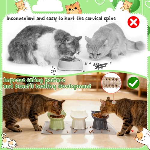 3 Pcs Elevated Cat Bowls 15°Raised Cat Food Bowl with Silicone Mat Whisker Friendly Anti Vomiting Cats Dishes Pet Food and Water Bowls for Indoor Cats Kittens Classic 3 Colors - color: Green, Grey, White