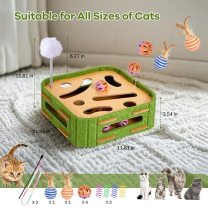 Cat Puzzle Box Toy for Indoor Cats Boredom Relief Interactive Wooden Cat Enrichment Maze with Jingle Balls, Feather Wands & Spiral Springs, Slow Feeder Treat Dispenser for Kittens & Adult Cats - size: Medium