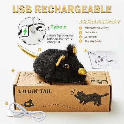 Cat Toys Squeaky Rechargeable Moving Mouse with Dynamic Magic Tail, Automatic Self Play Cat Toy for Indoor Kittens (Black) - color: Inky Black