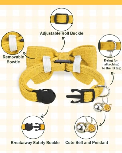 Cat Collar Breakaway with Bells, Soft Cotton Green Cat Bowtie Collar for Girl Boy Cats, Small Cats Collar with Bow for Spring Summer,2 Pack Cute Kitten Collars with Removable Bowtie 8-12Inch - color: Mustard Yellow + Forest Green
