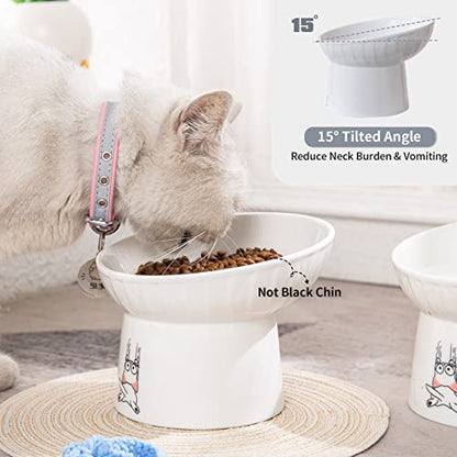 6.5 Inch Extra Wide Ceramic Raised Cat Bowls, Porcelain Tilted Elevated Cat Food Water Bowl Dish, Stress Free Pet Feeder Bowls Dishes for Elder Big Cats & Small Dogs, White - 2 Pack - color: White & White