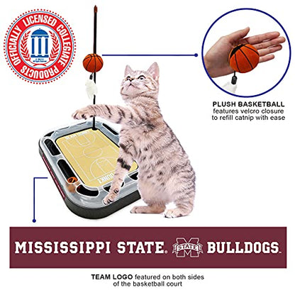Cat Scratch Toy NCAA Mississippi State Bulldogs Reversible Basketball Court Felt/Cardboard Cat Scratcher Toy. Interactive Cat Ball Bell. 6-in-1 CAT Toy: Cat Wand Poll Catnip-Filled Plush Basketball - color: Mississippi State Bulldogs