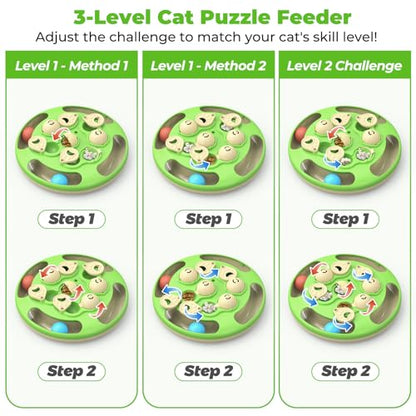 3 in 1 Cat Treat Puzzle Feeder, Level 3 Interactive Cat Puzzle Toy with Track Balls, Feather Teaser & Slow Feeder Insert, Non-Slip Base, Mental Stimulation for Bored Indoor Cats, Green - color: Green