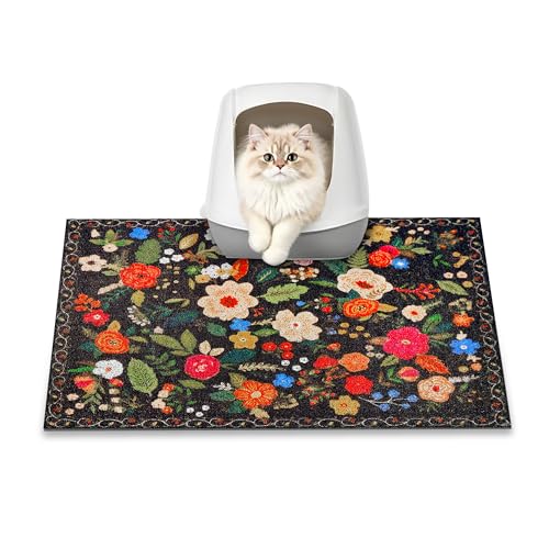 Cat Litter Mat, 24" x 16" Litter Box mat, Traps 100% Litter, Non-Slip Kitty Litter Trapping mats, Small Cute Litter mat, Easy Clean for Scatter Control, Bohe cat Food mat, Urine Waterproof - color: Black Garden, size: Small（24"x16"）