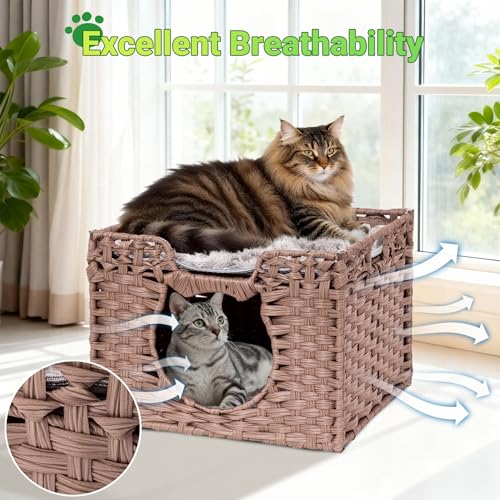 Handwoven Rattan Cat House w/ 2 Cushions, Wicker Cat Bed Indoor Kitten House, Waterproof & Foldable Pet Cube Bed, Brown, 16.5”L x 16.5”W x 12.6”H - color: Brown
