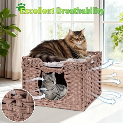 Handwoven Rattan Cat House w/ 2 Cushions, Wicker Cat Bed Indoor Kitten House, Waterproof & Foldable Pet Cube Bed, Brown, 16.5”L x 16.5”W x 12.6”H - color: Brown