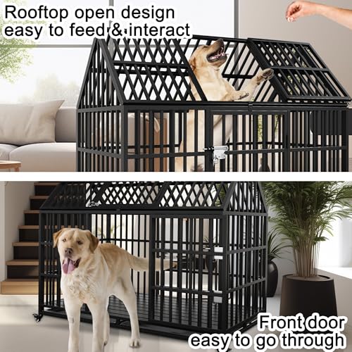 Heavy Duty Dog Crate 54 inch Dog Pet Kennel Cage for Extra Large Giant Dog with 2 Doors Lockable Wheels Removable Trays Top Access All Metal Durable