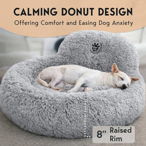 PetJett Calming Dog Bed Medium Size Dog - 30'' Donut Bed, Washable Dog Bed - Anti-Slip Super Soft Fluffy Plush Round Bed, Anti-Anxiety Premium Comfort Pet Bed, Fits Dogs up to 45 lbs - Bright Grey - color: Bright Grey, size: Medium - 30”L x 30”W x 8”Th