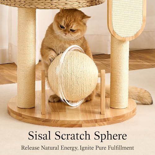 797Audio Wood Modern Cat Tree for Large Cat, 47" Tall Cat Tower with Scratching Posts, Cat Beds, Aesthetic Multi-Level Cat Climbing Tree with Hand-Woven Bed for Adult Indoor Cats - color: 47 Inch-Woven