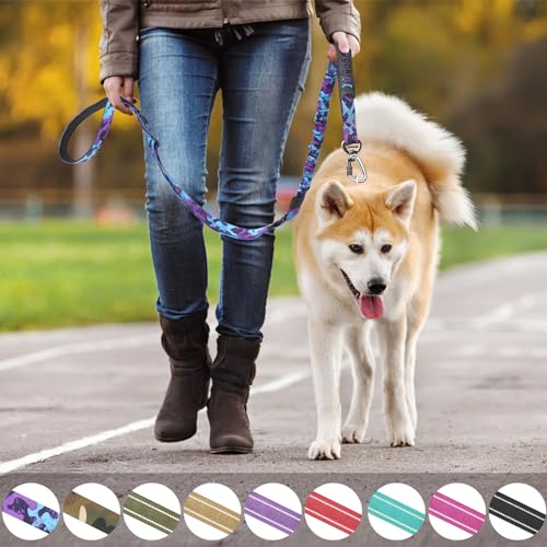 2 Pack Heavy Duty Dog Leash for Medium Large Dogs that Pull,4-6FT Shock Absorbing Bungee Tactical Dog Leash with 2 Padded Handle Car Seatbelt,Reflective Walking Training Lead,Purple Camo - color: 2-Pack Purple Camo