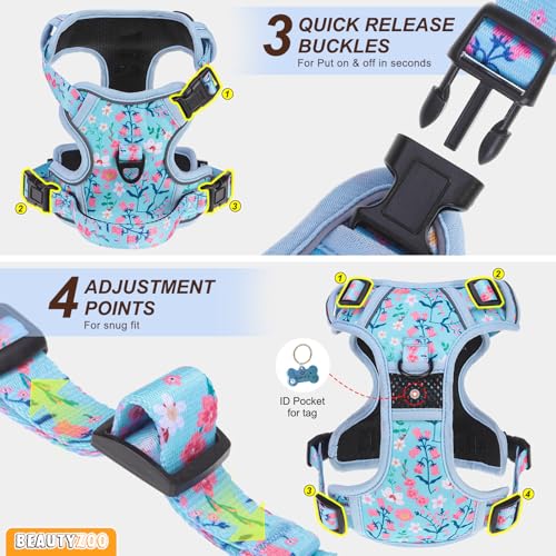 BEAUTYZOO No Pull Dog Harness Large, Adjustable Dog Harness and Leash Set -Easy Wearing with 3 Buckles/Control Handle,No Choke Soft Padded Reflective Pet Vest for Training Walking Hiking,Blue L - color: Blue Flower, size: L: chest 22"-33"