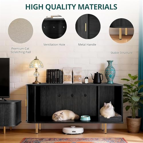 DHH Cat Litter Box Enclosure with Scratch Pad, Sliding Door, 38.5" Cat Litter Furniture Hidden Litter Box Cabinet, Modern Indoor Cat House, TV Stand, Side End Table for Living Room(Black) - color: Black