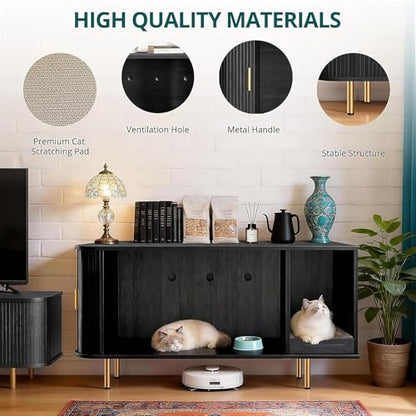DHH Cat Litter Box Enclosure with Scratch Pad, Sliding Door, 38.5" Cat Litter Furniture Hidden Litter Box Cabinet, Modern Indoor Cat House, TV Stand, Side End Table for Living Room(Black) - color: Black