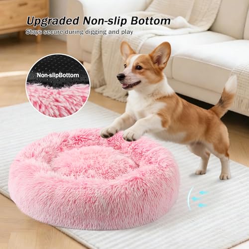 Calming Donut Dog Bed for Small to Medium Dogs & Cats - Plush Faux Fur Anti-Anxiety Pet Bed with Machine Washable Cover & Non-Slip Base - color: Gradient Pink, size: X-Small 15.7''