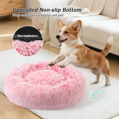 Calming Donut Dog Bed for Small to Medium Dogs & Cats - Plush Faux Fur Anti-Anxiety Pet Bed with Machine Washable Cover & Non-Slip Base - color: Gradient Pink, size: X-Small 15.7''
