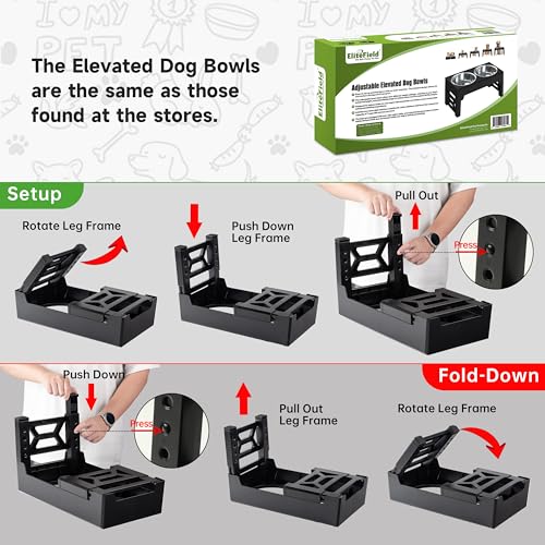 EliteField Elevated Dog Bowls (2-Year Warranty), Two 58 oz Stainless Steel Food Bowls, 5 Adjustable Raised Heights (4", 9.5", 10.5", 11.5", 12.75") Suitable for Dogs of All Ages, Small to Large Sizes - color: Black, size: 2 Stainless Steel Bowls