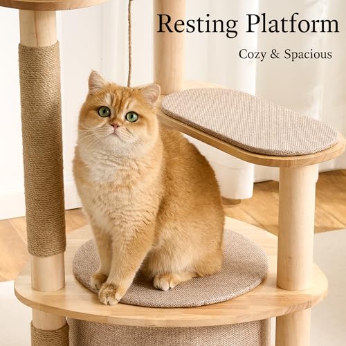 797Audio Modern Wood Cat Tree Tower, 46" Aesthetic Cat Tree with Natural Pine Wood Scratching Posts and Condo for Adult Cats, Solid Rubber Wooden & Linen Cat Tree,Multi-Level Tree for Indoor Cat - color: 46 Inch