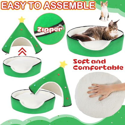 Beeveer Green Christmas Tree Cat House - 2 in 1 Foldable Cat Bed Tent with Self Warming Feature