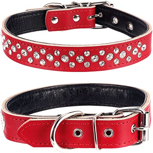 Rhinestones Dog Collar, Adjustable Sparkly Crystal Studded Genuine Leather Pet Dog Collar for Small and Medium Dogs (M, Red) - color: Red, size: M