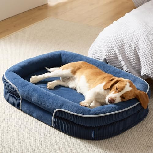 Bedsure Orthopedic Dog Beds Large Sized Dog - 360° Oval Bolster Large Dogs Bed for Senior Dogs with Waterproof Washable Cover, Big Comfort Pet Sofa Couch with Ultra-Soft Fleece, Navy Blue, 35" - color: Navy Blue, size: 35"lx25"wx7"th