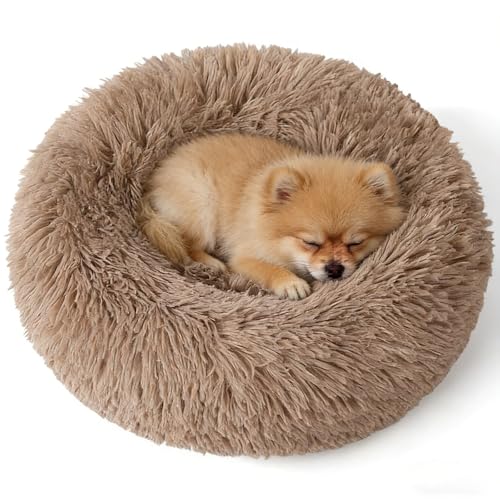 Calming Donut Dog Beds for Small Dogs Kitten - Washable Removable Cover Non-Slip Bottom, Round Pet Bed Puppy Bed Warming Fluffy Faux Fur Anti-Anxiety, Fits up to 15 lbs (Camel, 20") - color: Camel, size: 20"L x 20"W x 8"Th