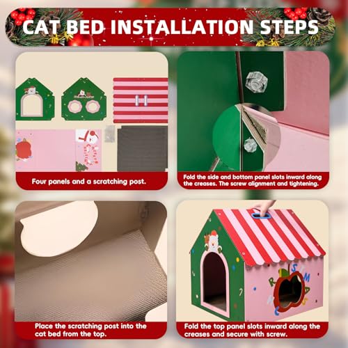 WUGO Cute Cat Scratcher House Cardboard Cat House with 2pcs Scratching Pad 16.5"x16"x17" Reversible Cute Cat House Decorations Scratcher for Kitty Play House for Indoor Cats’ Birthday Cats Red