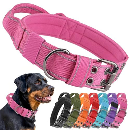 Tactical Dog Collar with Control Handle, Military Adjustable Pet Collar Reflective Heavy Metal Buckle Dog Collar, Soft Nylon Training Collar for Medium Large Dogs (Rose Red, Medium) - color: Rose Red, size: Medium