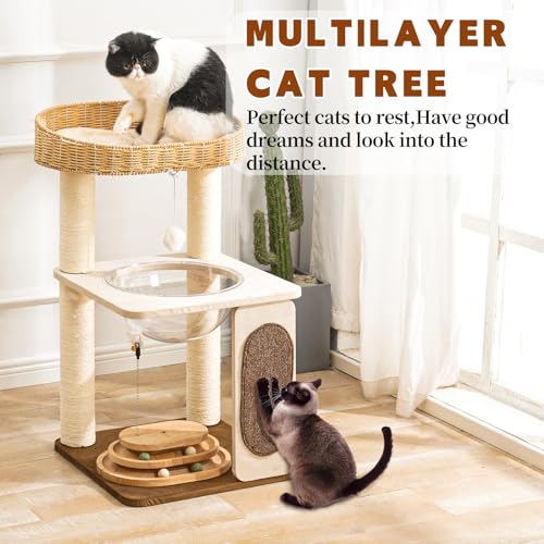 Modern Cat Tree for Indoor Cats with Sisal Rope Scratching Posts, Hand-Woven Cat Condo & Top Perch, Space Capsule Cats Nest, Cute Cat Tree with Interactive Cat Toy - color: SCT001 new