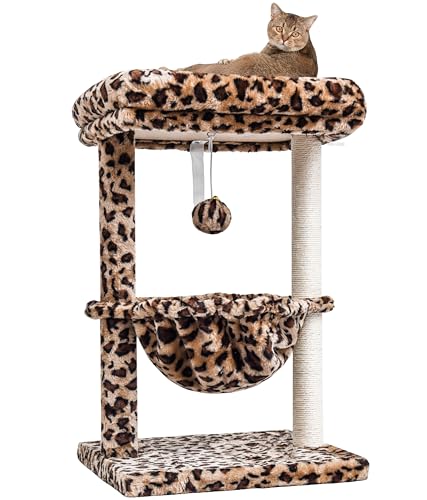 SYANDLVY Small Cat Tree for Indoor Cats, Unique Cheetah Leopard Print Cat Tree Tower for Kitties, Condo Furniture with Hammock & Sisal Scratching Posts - color: Leopard Print