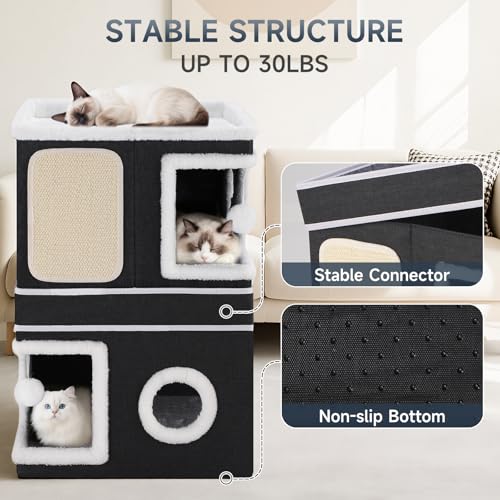 2-Storey Cat House for Indoor Cats, Separate Into 2 Large Cat Bed Cave with Hideaway Condos, Scratch Pads, Hanging Balls, Foldable Indoor Cat House, Cat Cube for Multiple Cats Kitten, Black - style: Black