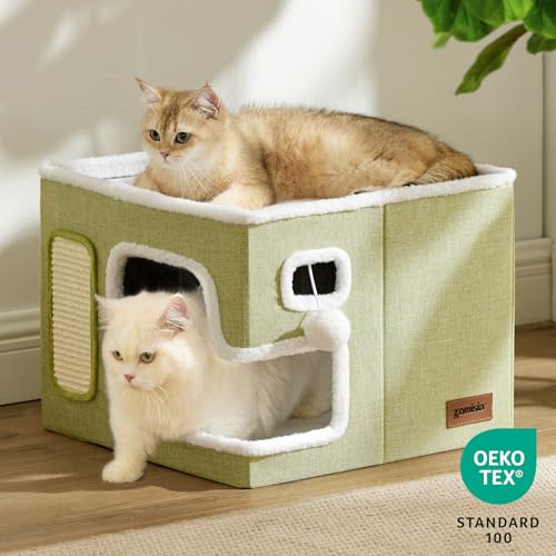 ZOMISIA Cat Beds for Indoor Cats - Large Cat House for Pet with Fluffy Ball Hanging and Scratch Pad, Foldable Cat Hideaway,16.5x16.5x13 inches, Green