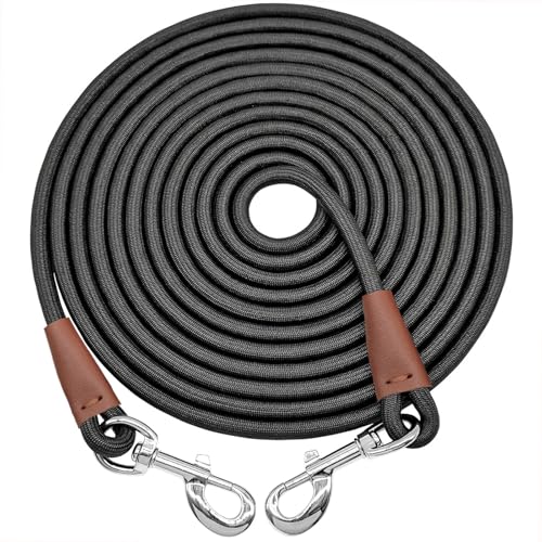 Tie Out Rope Dog Leash, Long Tether 8-10-13-15-20-25-30-35-40-50-65 FT Heavy Duty Nylon Check Cord for Medium Large Dogs Indoor/Outdoor Playing Camping Backyard (Black, 3/8" x 50ft) - color: black, size: 3/8" x 50ft