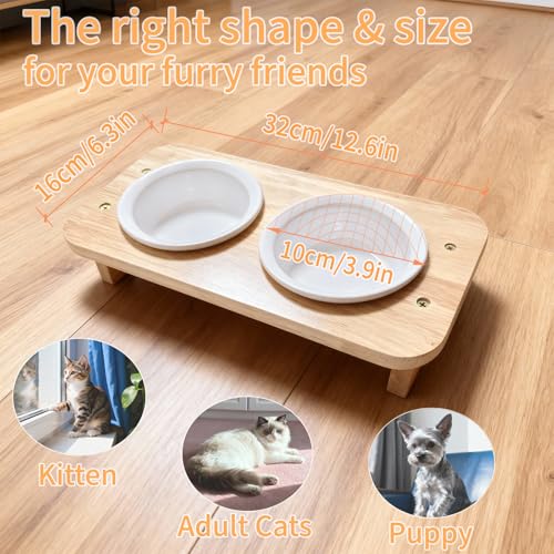 Raised Cat Food Bowls with 15° Tilt & Wood Base – Cat Food and Water Bowl Set, Upgraded Anti-Vomit Feeder Station with 2 Ceramic Dishes for Your Kitten or Puppy, Dishwasher Safe
