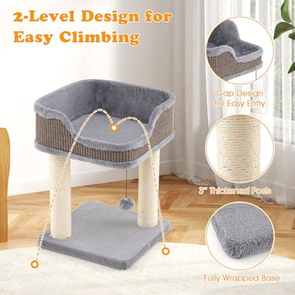 PETSITE 20 inch Small Cat Tree, Modern Cat Tree with Top Soft Upholstered Bed, Sisal Scratching Posts & Mats, and Interactive Dangling Ball, Ideal for Small Indoor Cats and Kittens