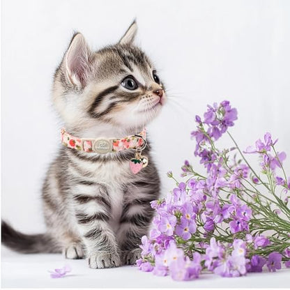2 Pack Spring Summer Cat Collars - Cute Breakaway Cat Collar with Bell, Bluberry and Strawberry Pendant, Adjustable Kitten Collars for Girl Cats, Pastel Floral Fruit - color: Bluberry and Strawberry